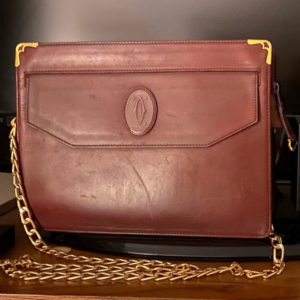 Vintage Must de Cartier Burgundy Calfskin Leather Clutch w/ Gold Chain & COA